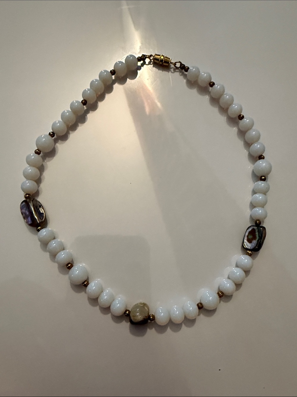 White Beaded gemstone Choker Necklace with Brass & abalone accents barrel clasp